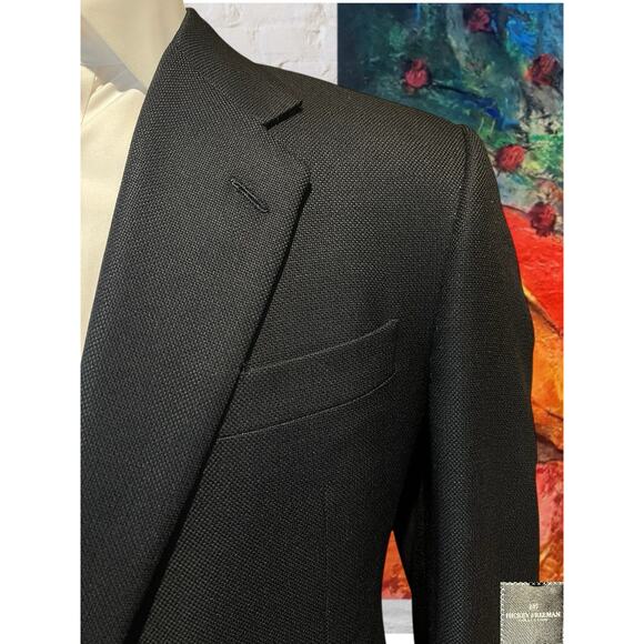 Hickey Freeman 44R Black Birdseye Blazer Brass Tone Buttons Lambswool Cashmere - Picture 5 of 14